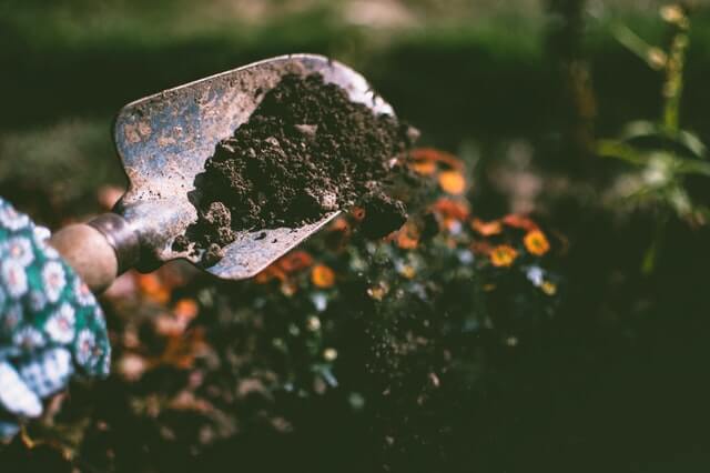 Primer plano de una pala de jardinería llena de tierra, sostenida por una mano con guante estampado. Al fondo, se aprecian flores y plantas coloridas que evocan prácticas de jardinería eco-friendly y un estilo de vida sostenible, pilares de una vivienda ecológica y la conexión con la naturaleza.